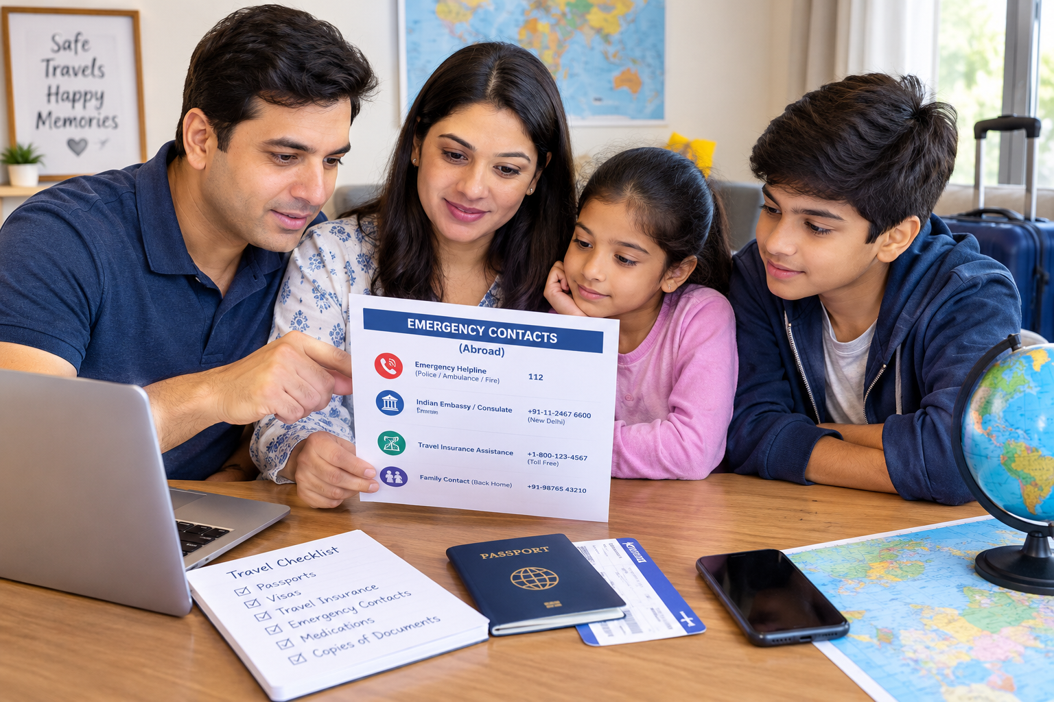 Family reviewing emergency contact information before travelling abroad