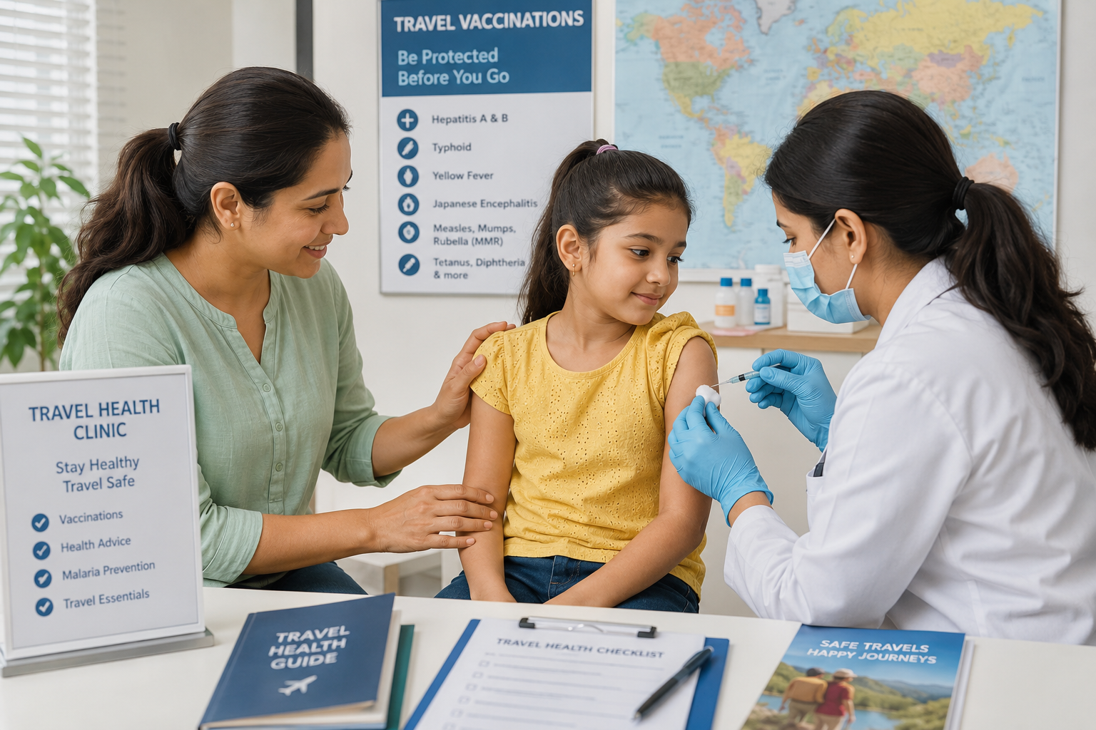 Parent and child at a travel health clinic for pre-trip vaccinations