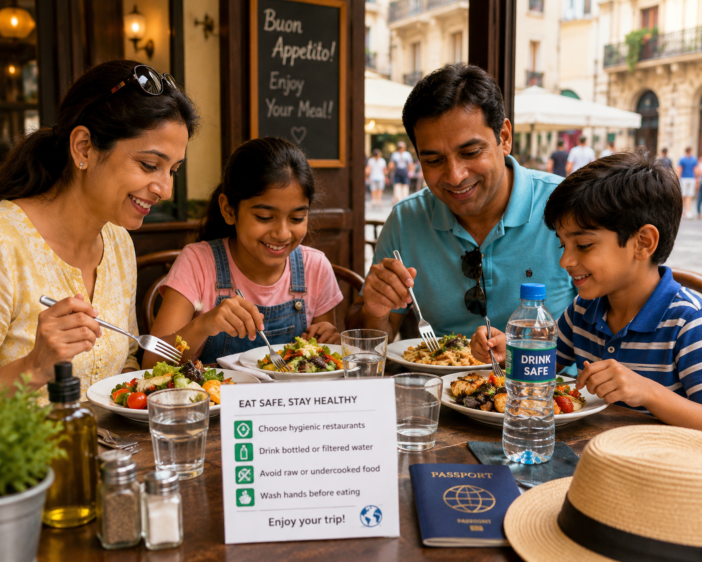 Family eating safely at a restaurant during an international holiday