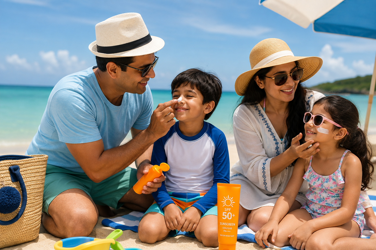 Family applying sunscreen on a sunny beach holiday