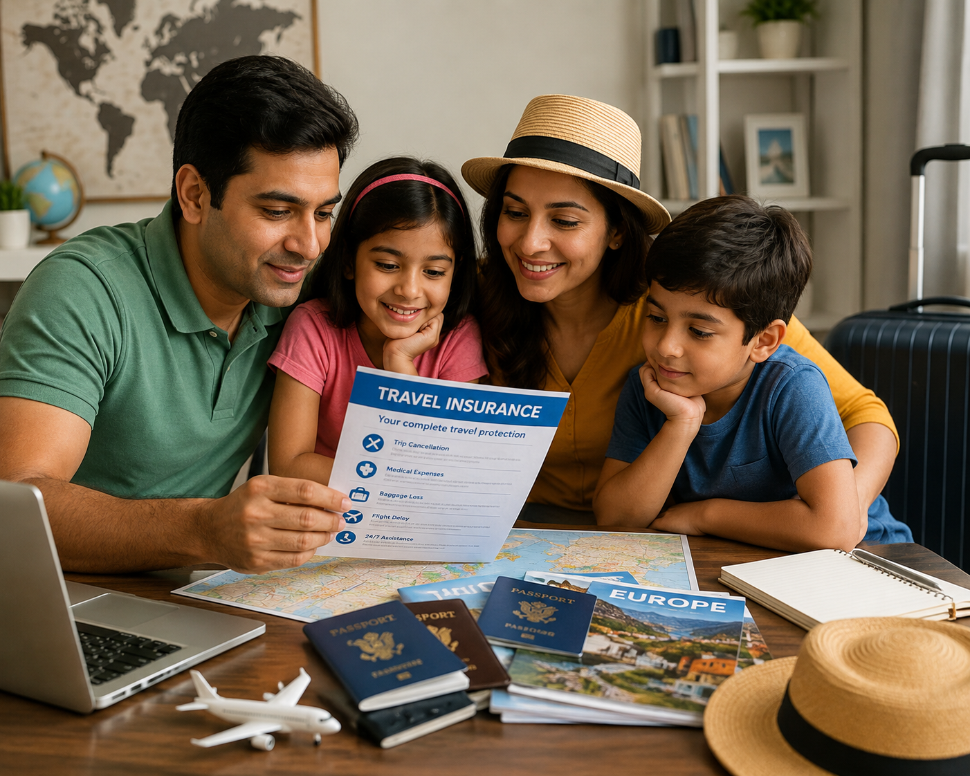 Family reviewing travel insurance documents before an international trip